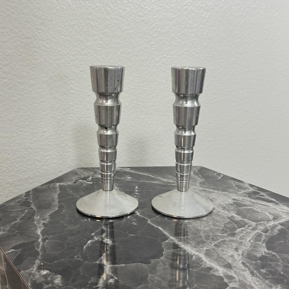 Vintage MCM Candlestick Holders Pair Silver Metal Sculptural Modernist Candle